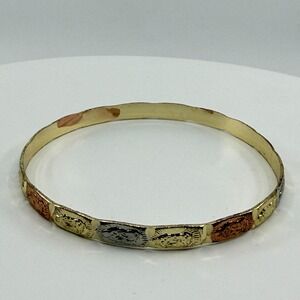 Tri-Color Gold Tone Miraculous Medal Bangle Bracelet - Stackable Jewelry